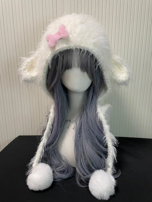 Cute Fluffy White Lamb Ear Hat with Pink Bow – Soft Plush Winter Beanie, Kawaii Hat