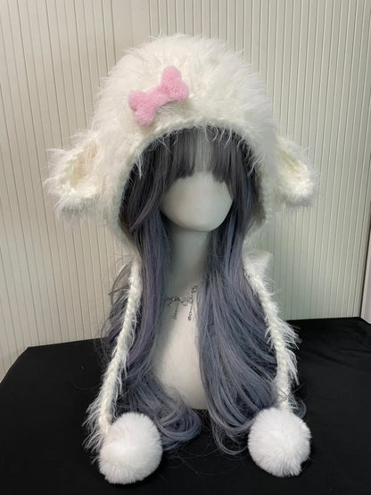 Mignon Bonnet d'Hiver en Peluche Douce en Forme d'Oreilles d'Agneau Blanc avec Nœud Rose, Chapeau Kawaii