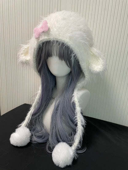 Mignon Bonnet d'Hiver en Peluche Douce en Forme d'Oreilles d'Agneau Blanc avec Nœud Rose, Chapeau Kawaii