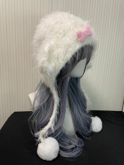 Mignon Bonnet d'Hiver en Peluche Douce en Forme d'Oreilles d'Agneau Blanc avec Nœud Rose, Chapeau Kawaii