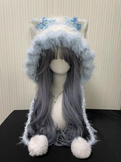 Kawaii Blaue Katzenohren Fellkapuze | Flauschige Pastell Wintermütze mit Pompons | Soft Girl Lolita