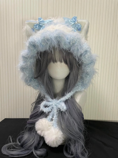 Kawaii Blaue Katzenohren Fellkapuze | Flauschige Pastell Wintermütze mit Pompons | Soft Girl Lolita