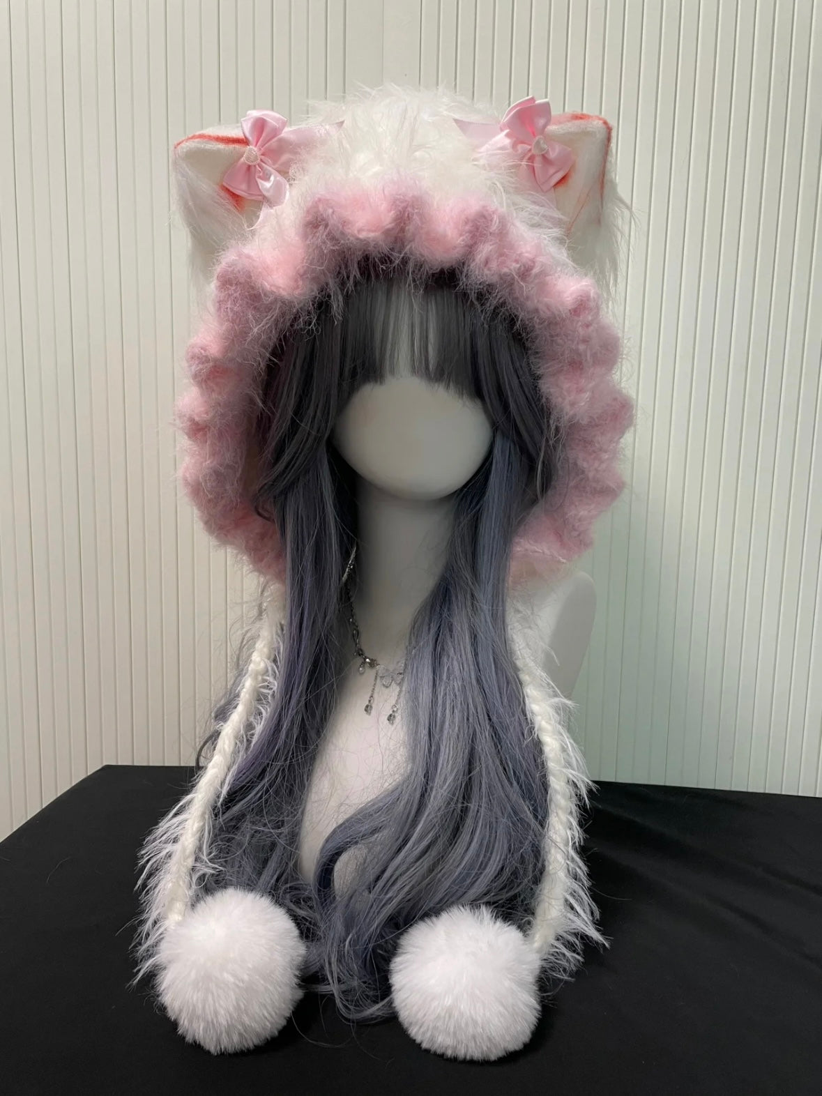Kawaii Rosa Katzenohr-Fellkapuze | Flauschige Pastell-Plüschmütze mit Bommeln | Niedliches Soft-Girl