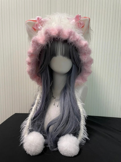 Kawaii Rosa Katzenohr-Fellkapuze | Flauschige Pastell-Plüschmütze mit Bommeln | Niedliches Soft-Girl