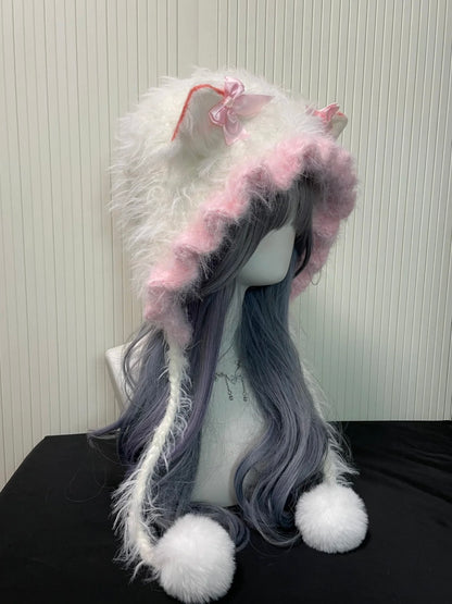Kawaii Rosa Katzenohr-Fellkapuze | Flauschige Pastell-Plüschmütze mit Bommeln | Niedliches Soft-Girl