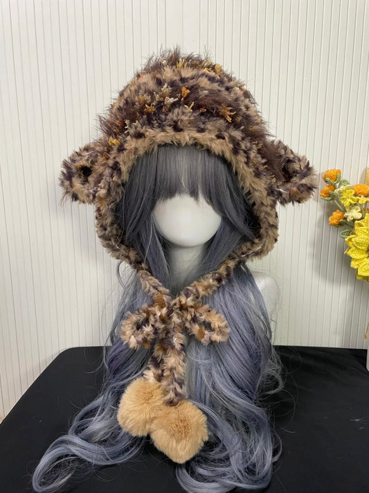 Kawaii Leopard Lamb Ear Furry Hood | Fluffy Animal Print Sheep Hood | Cute Cosplay Winter Hat