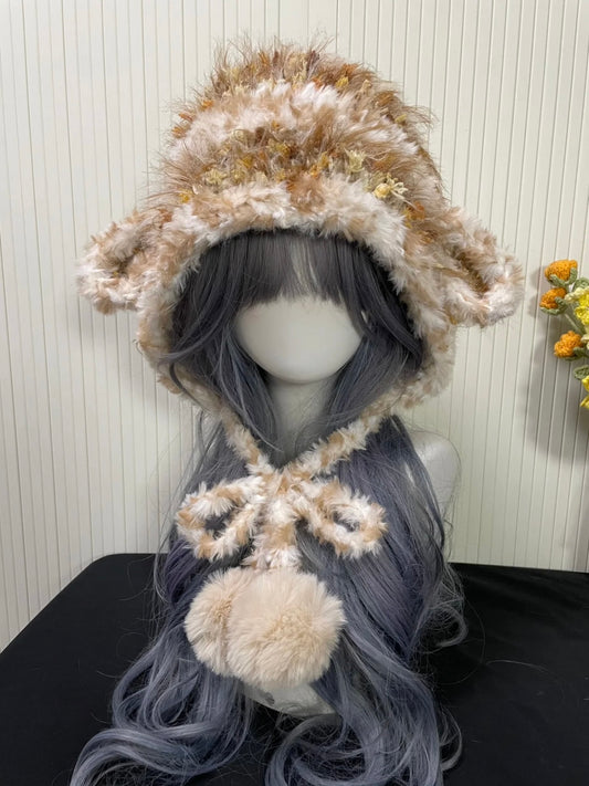 Kawaii Cream Lamb Ear Furry Hood | Fluffy Beige Sheep Hood | Cute Soft Girl Cosplay Hat