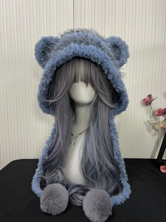 Kawaii Fog Blue Bear Ear Furry Hood | Fluffy Pastel Teddy Hood | Cute Soft Girl Winter Hat