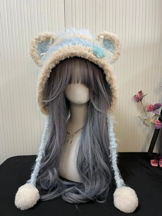 Kawaii Milky Blue Bear Ear Hood | Fluffy Teddy Pastel Hood | Cute Soft Girl Winter Hat