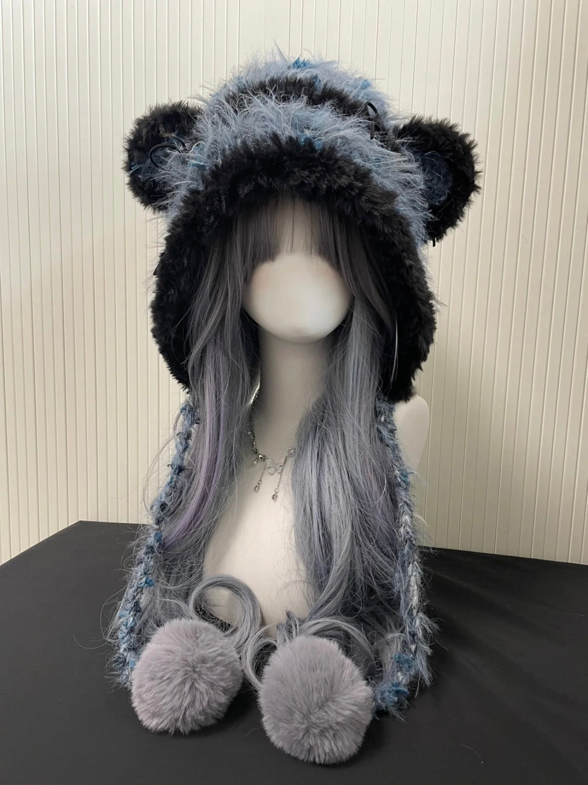 Capuche Ourson Kawaii Bleu-Noir | Capuche d'Ours en Peluche Douce et Sombre | Chapeau d'Hiver Kawaii Alternatif