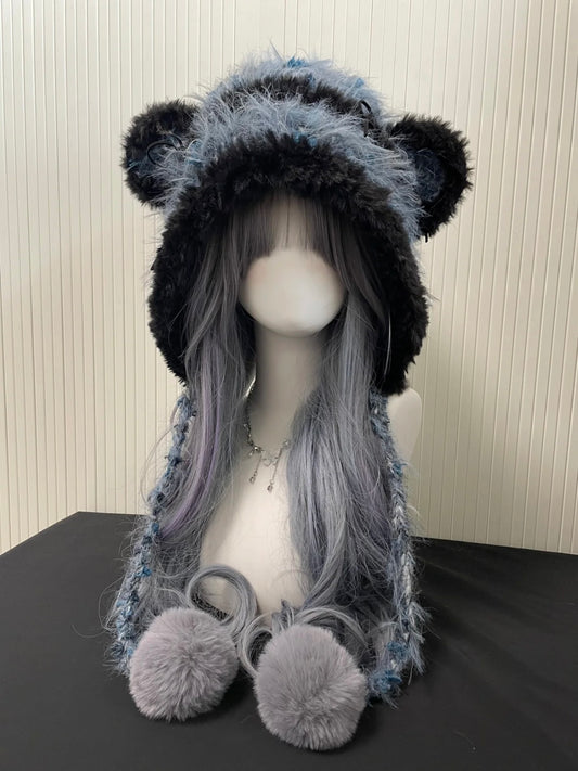 Kawaii Blue-Black Bear Ear Hood | Fluffy Dark Teddy Hood | Alt Kawaii Winter Hat
