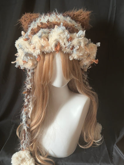 Karamell-Latte-Katzenohren-Mütze – Handgemachte Häkelmütze im Kawaii-Stil, abnehmbare Katzenohren