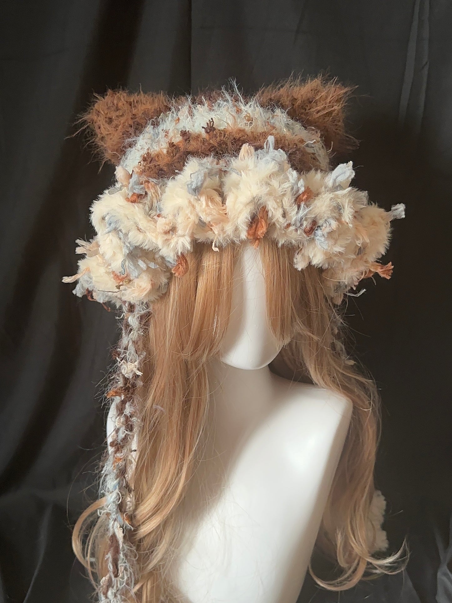 Karamell-Latte-Katzenohren-Mütze – Handgemachte Häkelmütze im Kawaii-Stil, abnehmbare Katzenohren