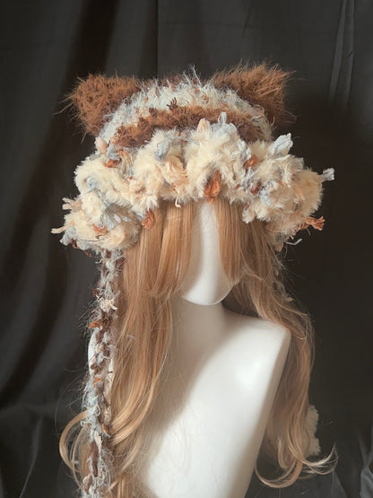 Karamell-Latte-Katzenohren-Mütze – Handgemachte Häkelmütze im Kawaii-Stil, abnehmbare Katzenohren