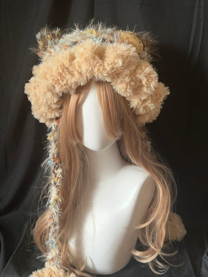 Fluffy Kitty Cat Ear Hat – Handmade Caramel Furry Hood, Cozy Kawaii Winter Bonnet