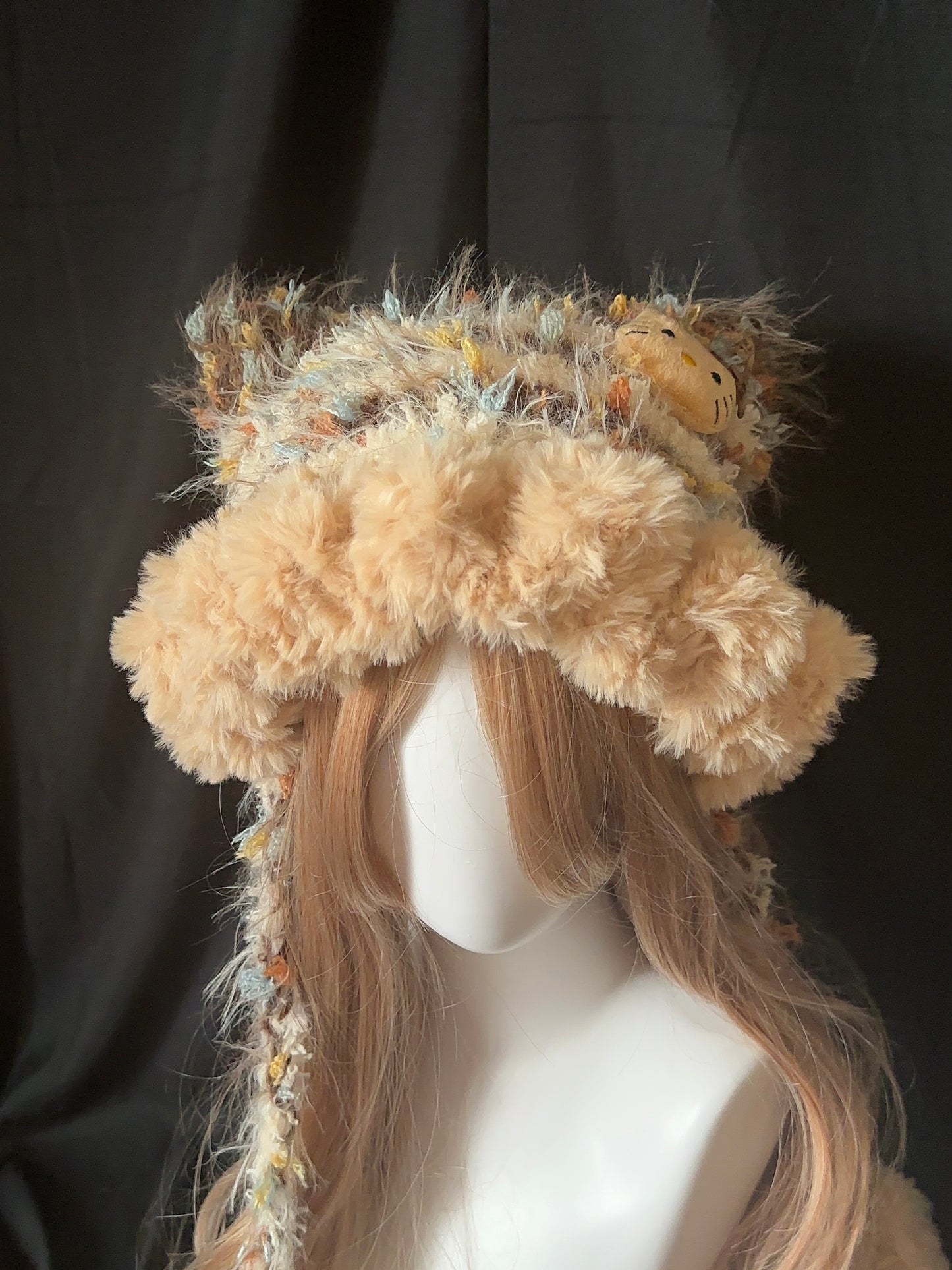 Fluffy Kitty Cat Ear Hat – Handmade Caramel Furry Hood, Cozy Kawaii Winter Bonnet