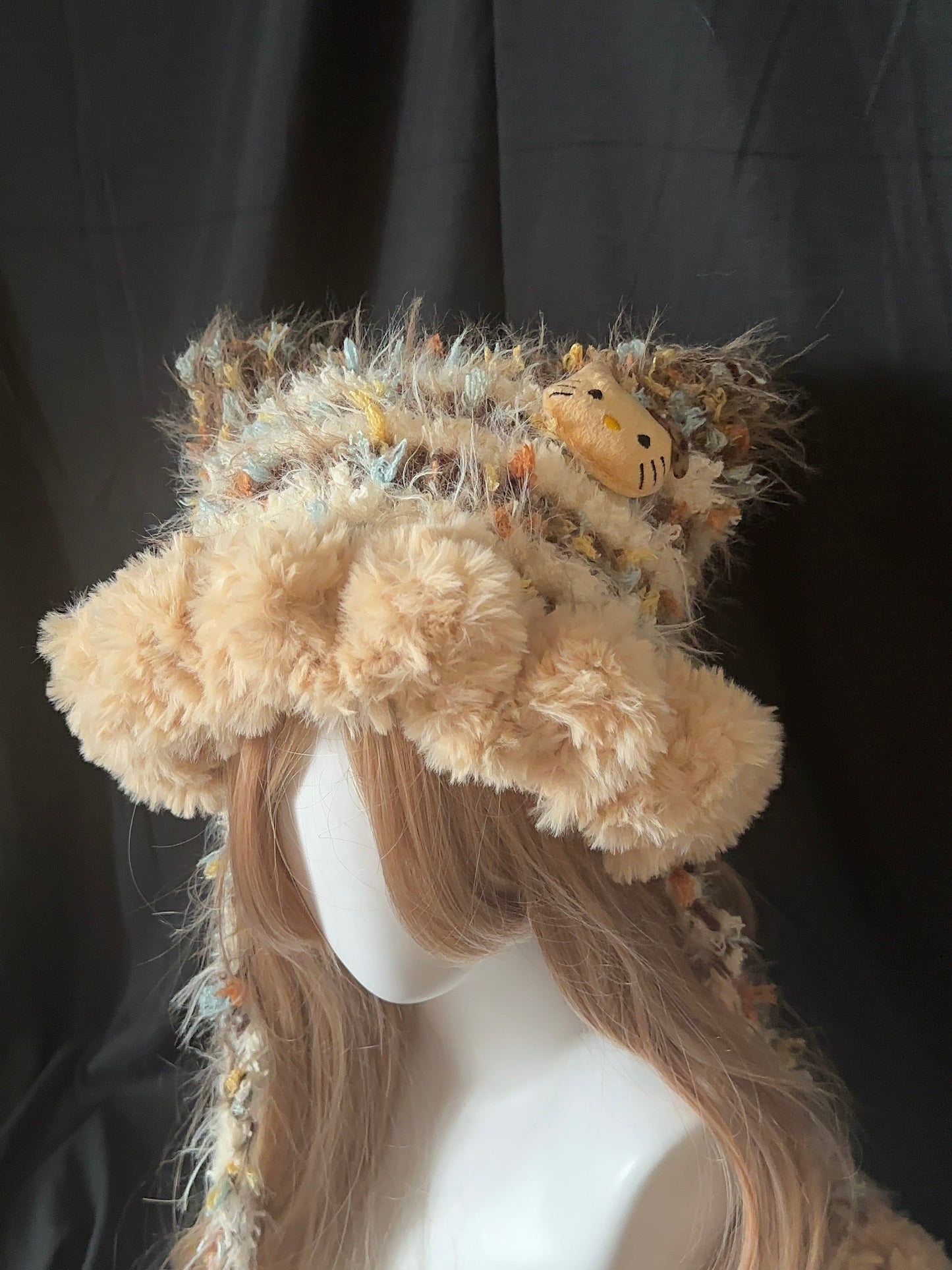 Fluffy Kitty Cat Ear Hat – Handmade Caramel Furry Hood, Cozy Kawaii Winter Bonnet