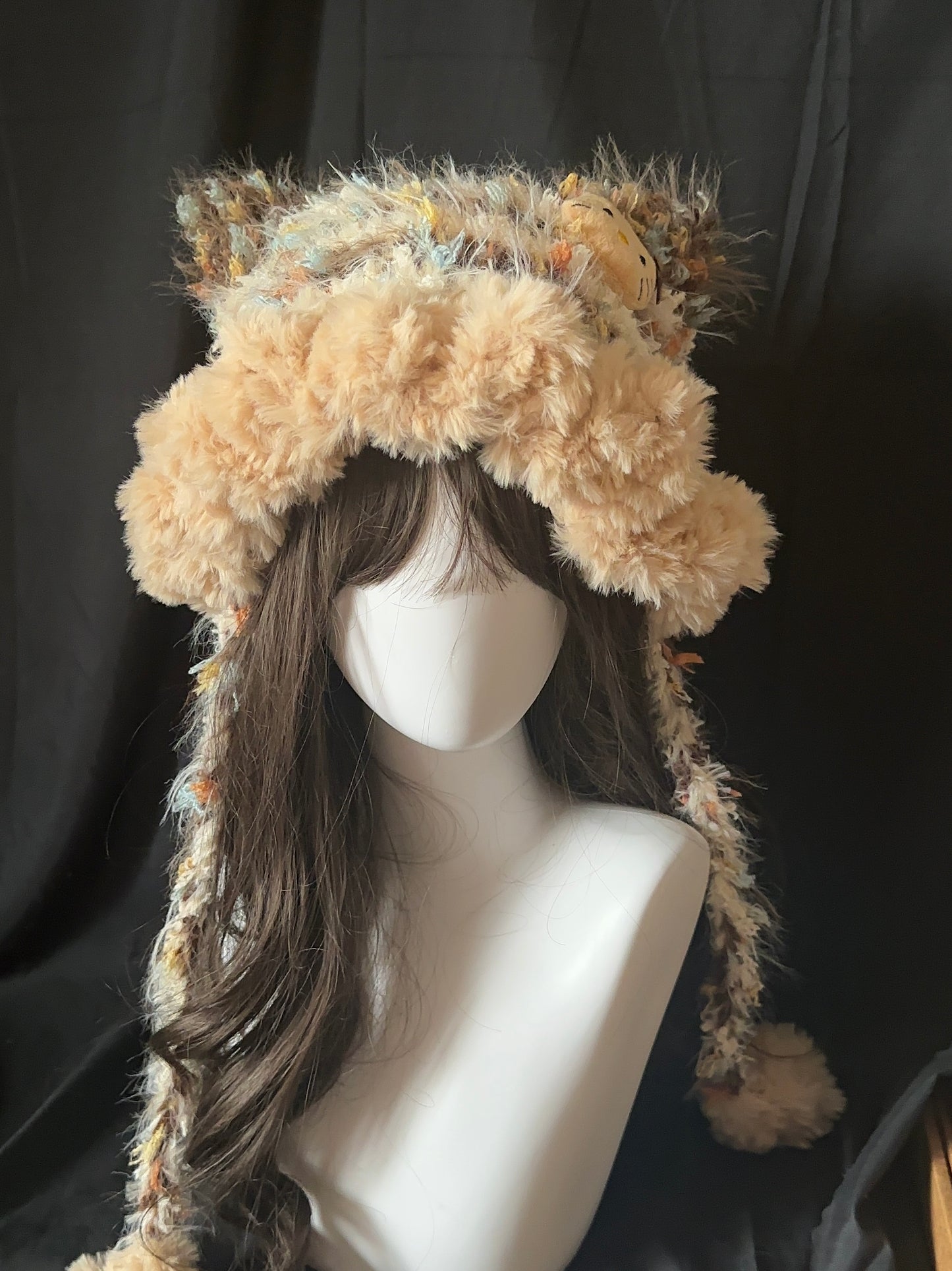 Fluffy Kitty Cat Ear Hat – Handmade Caramel Furry Hood, Cozy Kawaii Winter Bonnet