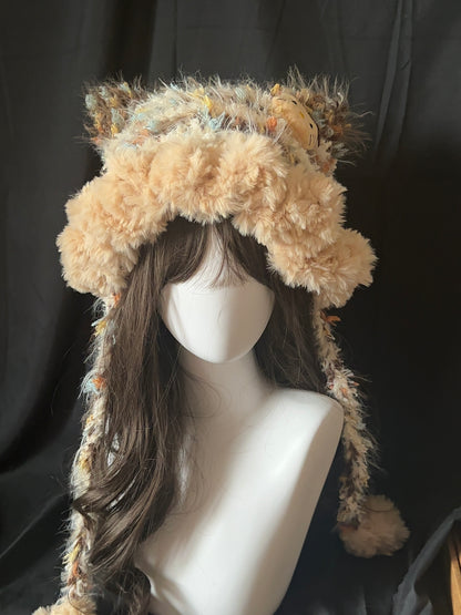 Fluffy Kitty Cat Ear Hat – Handmade Caramel Furry Hood, Cozy Kawaii Winter Bonnet