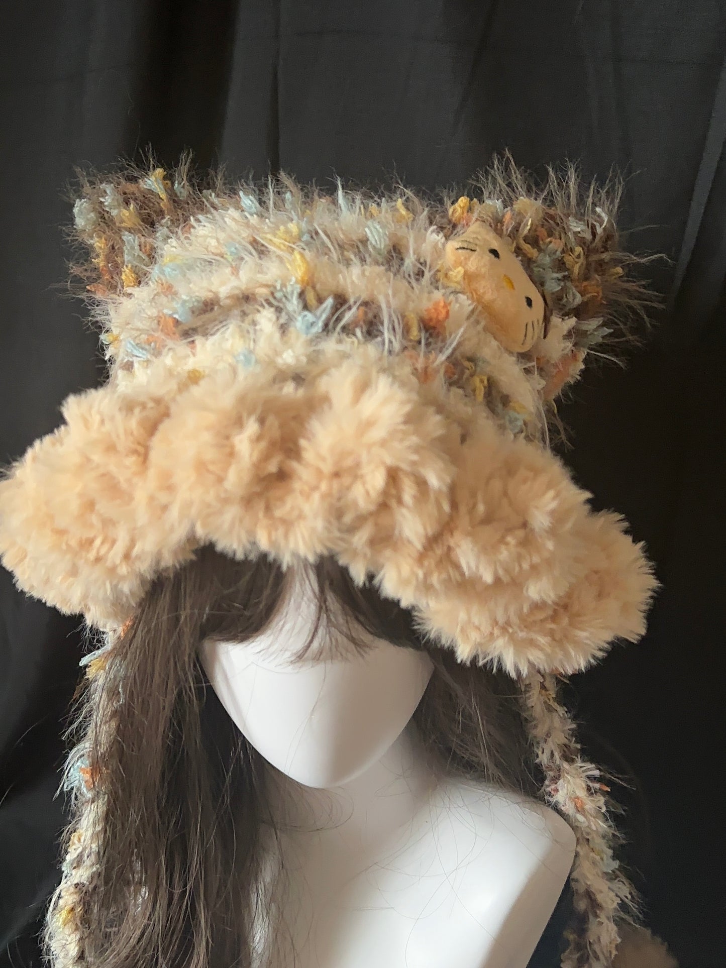Fluffy Kitty Cat Ear Hat – Handmade Caramel Furry Hood, Cozy Kawaii Winter Bonnet