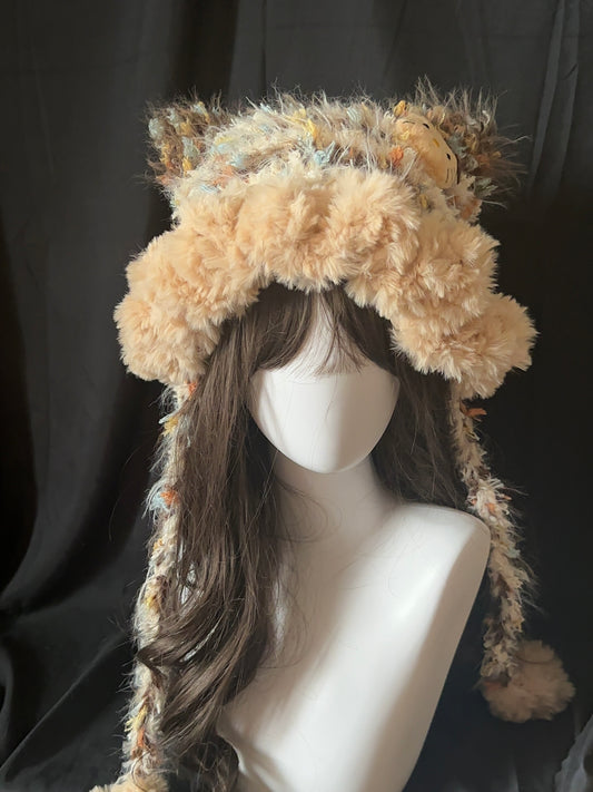 Chapeau Oreilles de Chat Fluffy – Capuche duveteuse caramel faite main, Bonnet d'hiver Kawaii douillet