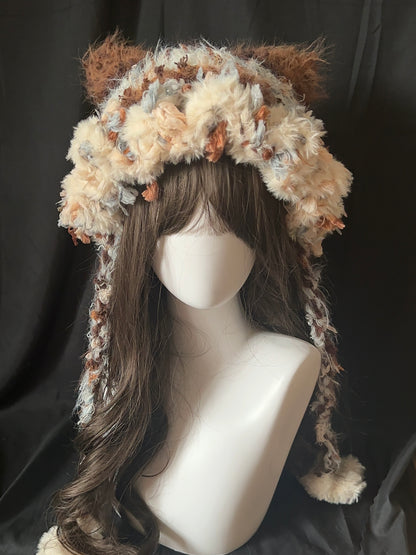 Karamell-Latte-Katzenohren-Mütze – Handgemachte Häkelmütze im Kawaii-Stil, abnehmbare Katzenohren