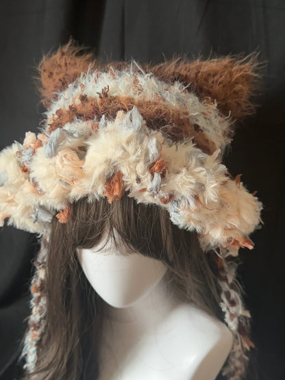 Karamell-Latte-Katzenohren-Mütze – Handgemachte Häkelmütze im Kawaii-Stil, abnehmbare Katzenohren