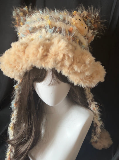 Fluffy Kitty Cat Ear Hat – Handmade Caramel Furry Hood, Cozy Kawaii Winter Bonnet