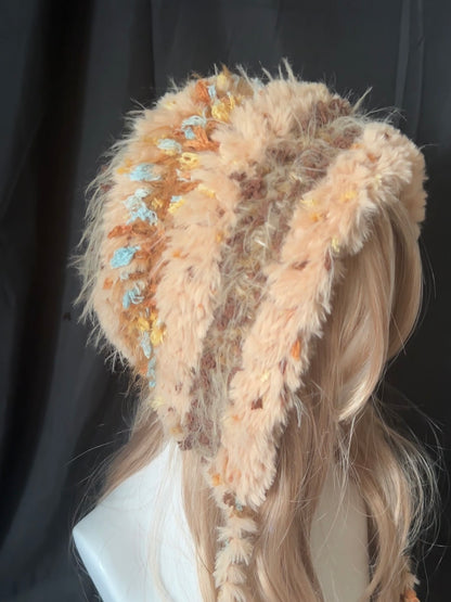 Capuche douillette moelleuse avec tresses – Bonnet fait main beige caramel, Chapeau hivernal en fausse fourrure Kawaii