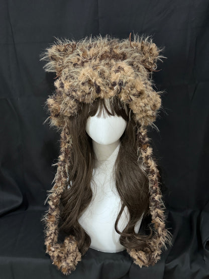 Leopard Cat-Eared Hat, Kawaii Animal Ear Beanie, Cute Handmade Winter Hat