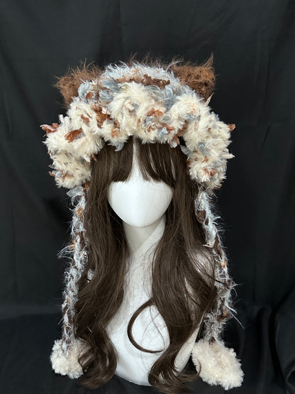 Karamell-Latte-Katzenohren-Mütze – Handgemachte Häkelmütze im Kawaii-Stil, abnehmbare Katzenohren