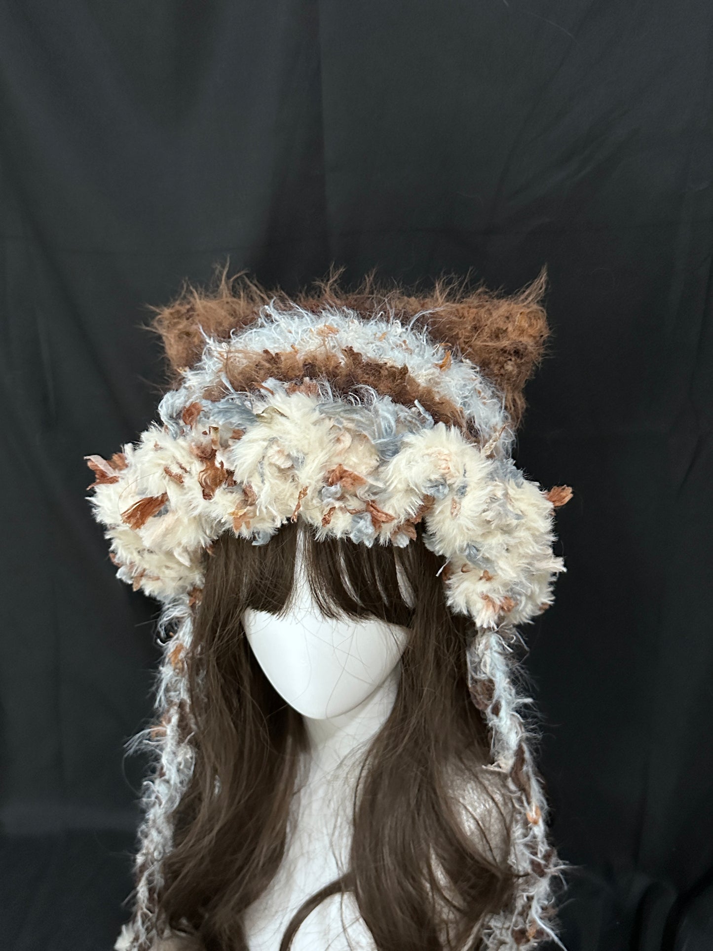 Karamell-Latte-Katzenohren-Mütze – Handgemachte Häkelmütze im Kawaii-Stil, abnehmbare Katzenohren
