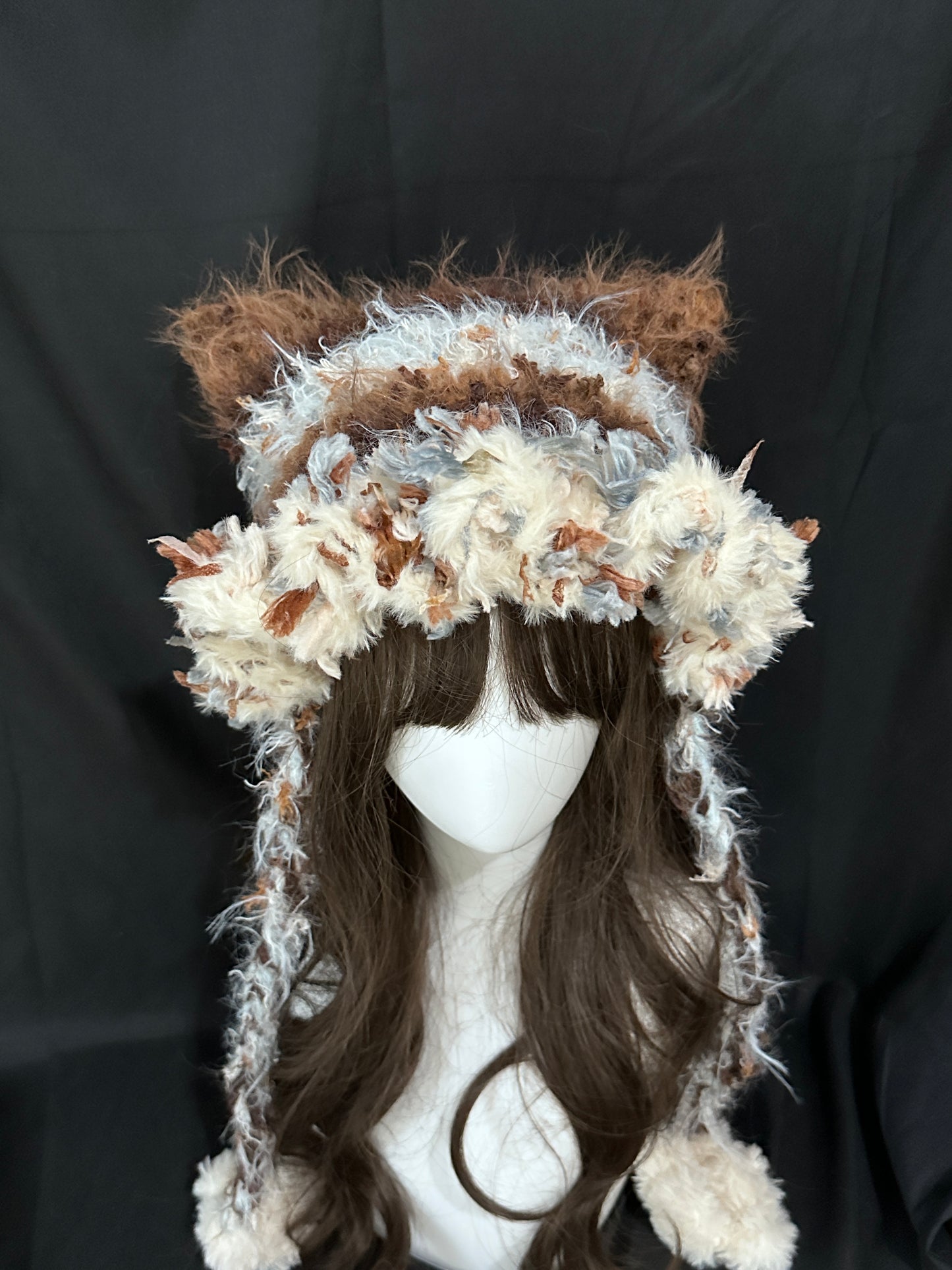 Karamell-Latte-Katzenohren-Mütze – Handgemachte Häkelmütze im Kawaii-Stil, abnehmbare Katzenohren