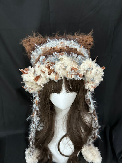 Karamell-Latte-Katzenohren-Mütze – Handgemachte Häkelmütze im Kawaii-Stil, abnehmbare Katzenohren