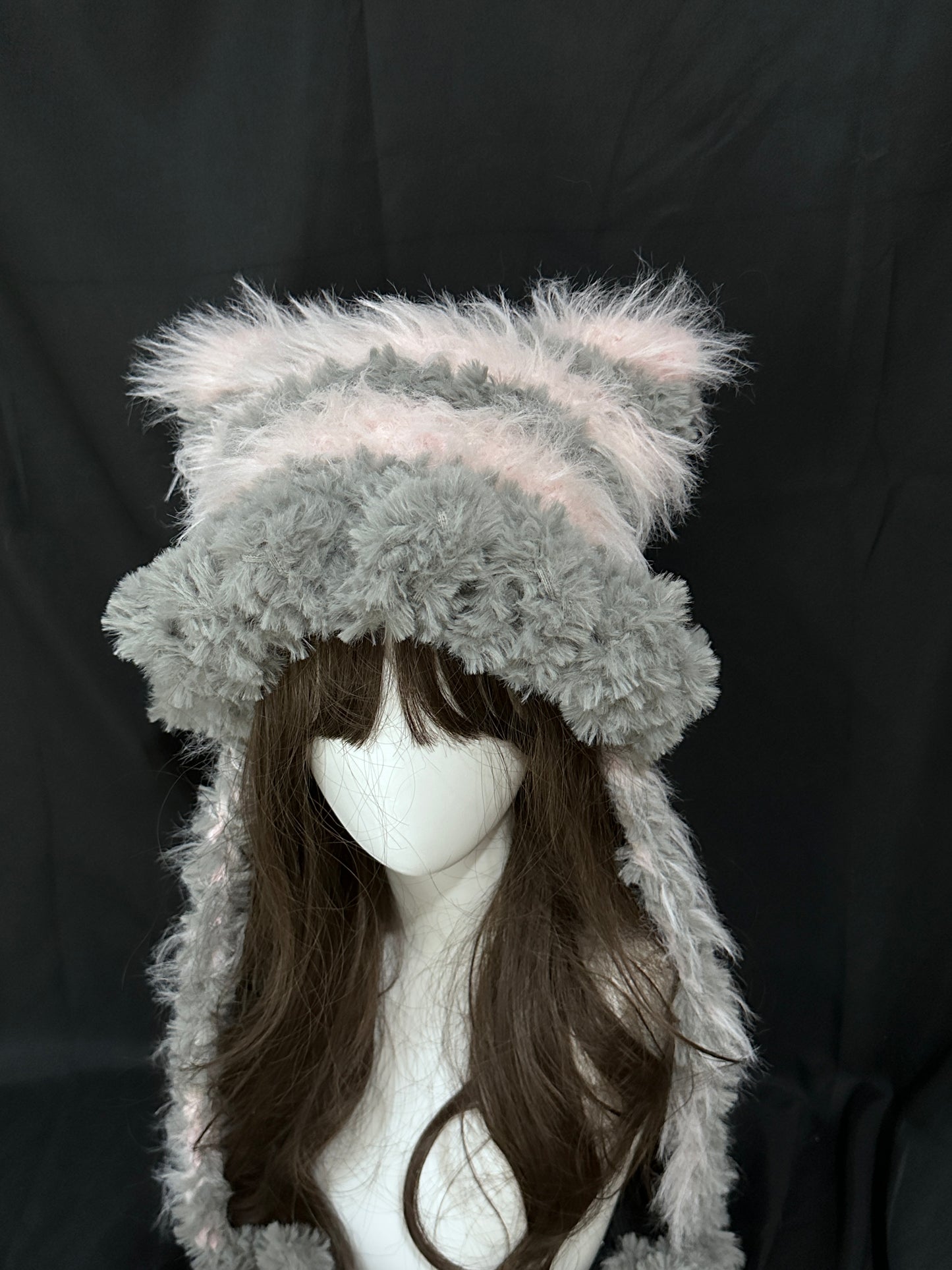 Gray Pink Bunny-Cat-Eared Hat – Detachable Bunny Ears, Crochet Cat Ear Beanie