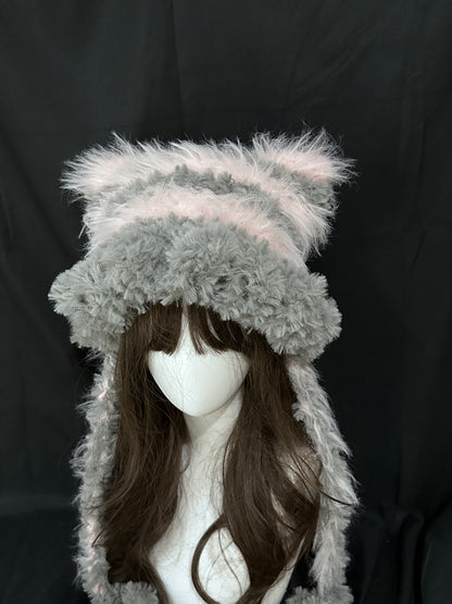 Gray Pink Bunny-Cat-Eared Hat – Detachable Bunny Ears, Crochet Cat Ear Beanie