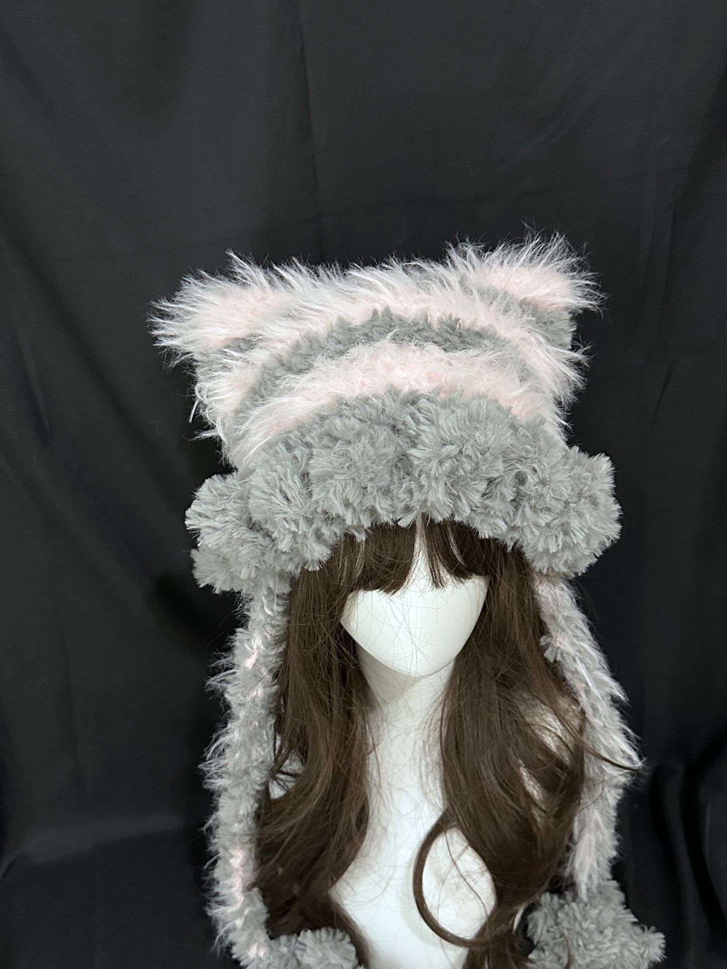 Gray Pink Bunny-Cat-Eared Hat – Detachable Bunny Ears, Crochet Cat Ear Beanie