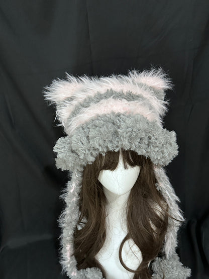 Gray Pink Bunny-Cat-Eared Hat – Detachable Bunny Ears, Crochet Cat Ear Beanie