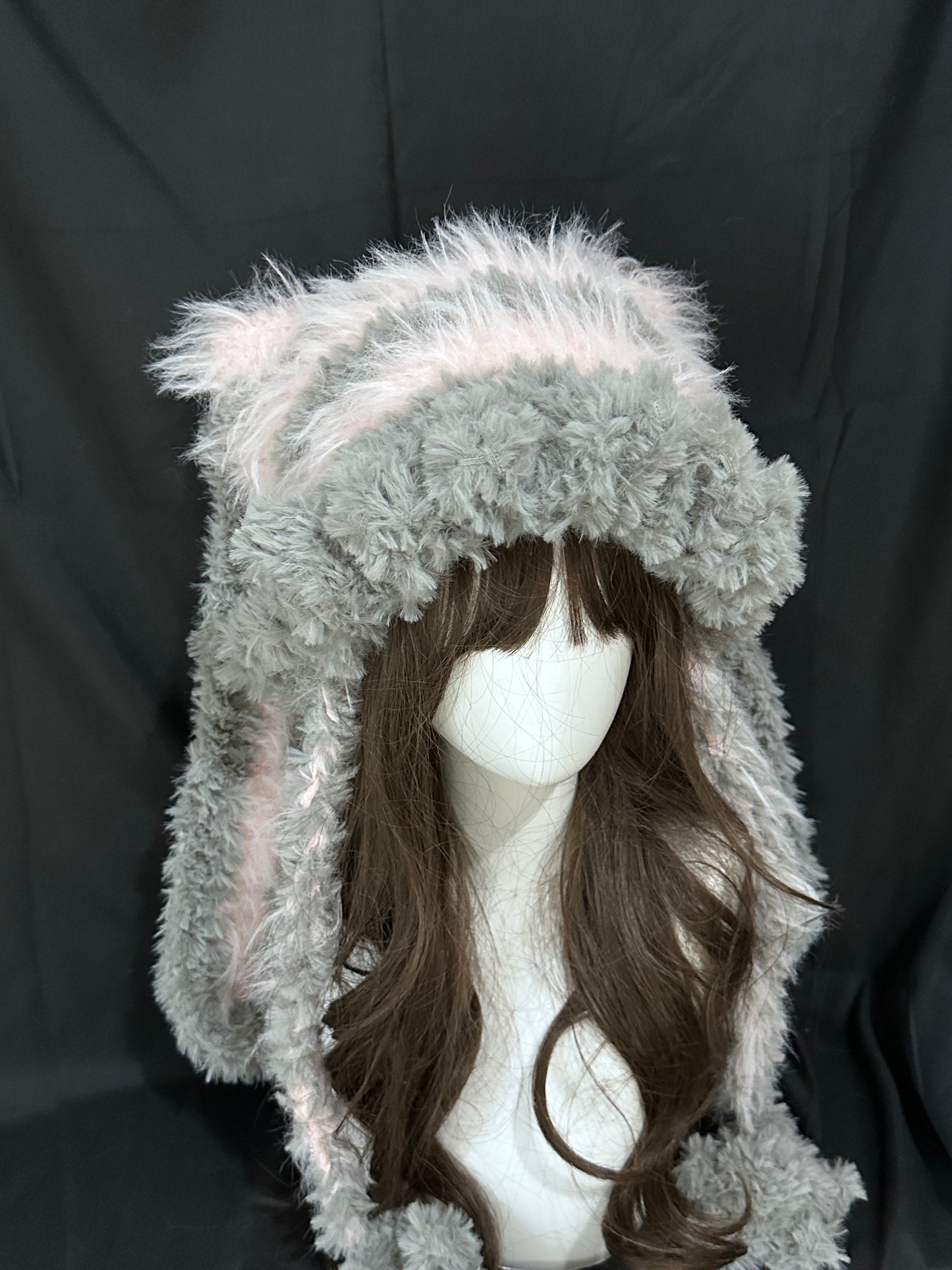 Gray Pink Bunny-Cat-Eared Hat – Detachable Bunny Ears, Crochet Cat Ear Beanie