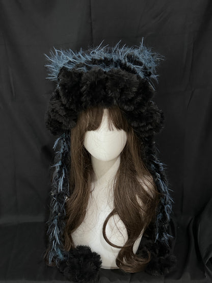 Blue Black Bunny-Cat-Eared Hat – Detachable Bunny Ears, Crochet Cat Ear Hat