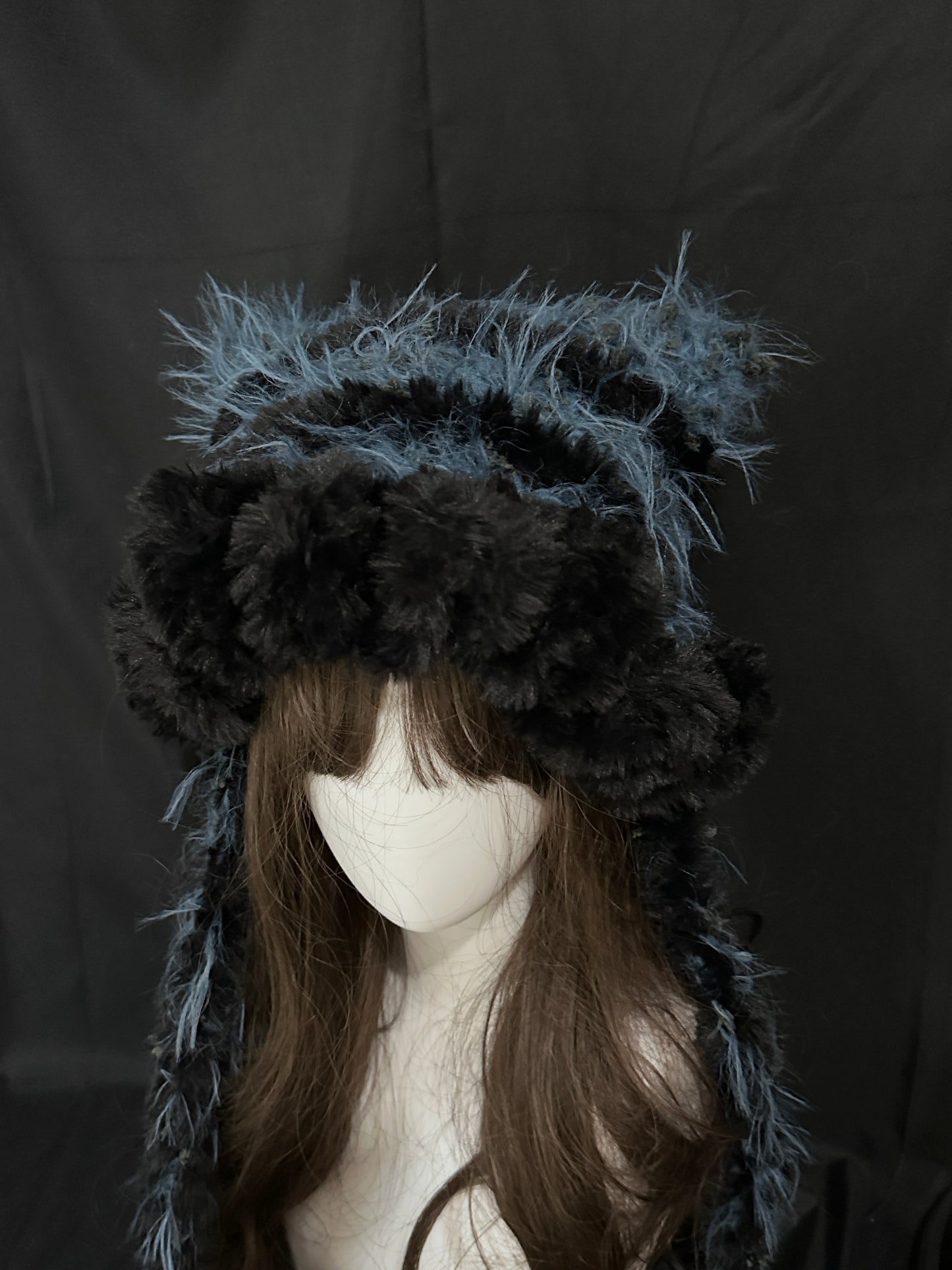 Blue Black Bunny-Cat-Eared Hat – Detachable Bunny Ears, Crochet Cat Ear Hat