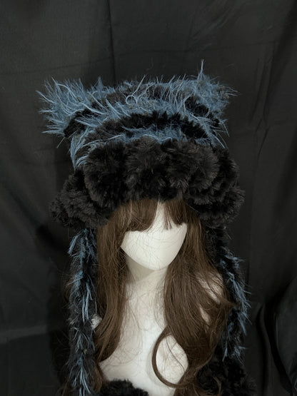 Blue Black Bunny-Cat-Eared Hat – Detachable Bunny Ears, Crochet Cat Ear Hat