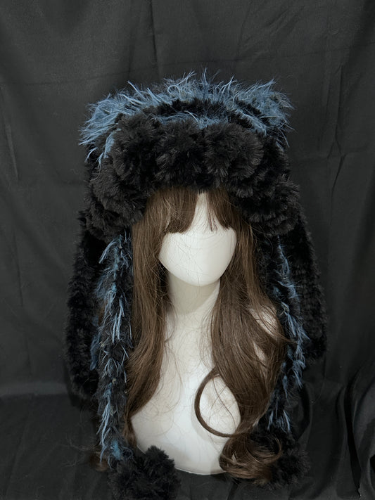Bonnet à Oreilles de Lapin-Chat Noir-Bleu – Oreilles de Lapin Détachables, Bonnet à Oreilles de Chat en Crochet