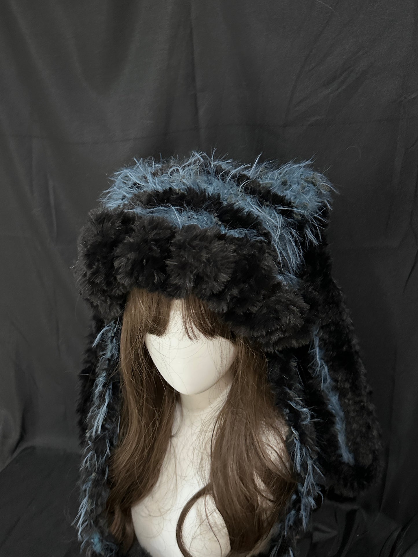 Blue Black Bunny-Cat-Eared Hat – Detachable Bunny Ears, Crochet Cat Ear Hat