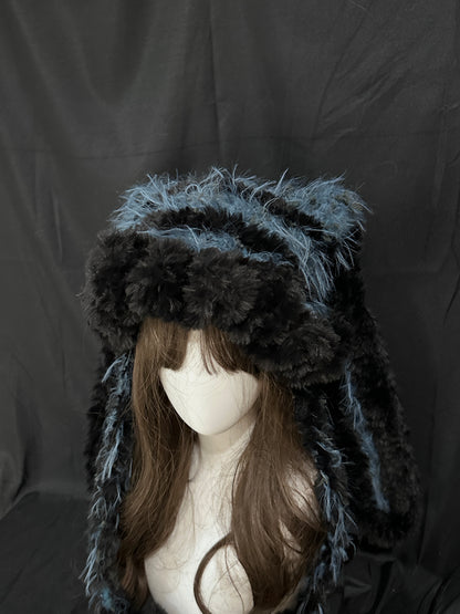 Blue Black Bunny-Cat-Eared Hat – Detachable Bunny Ears, Crochet Cat Ear Hat