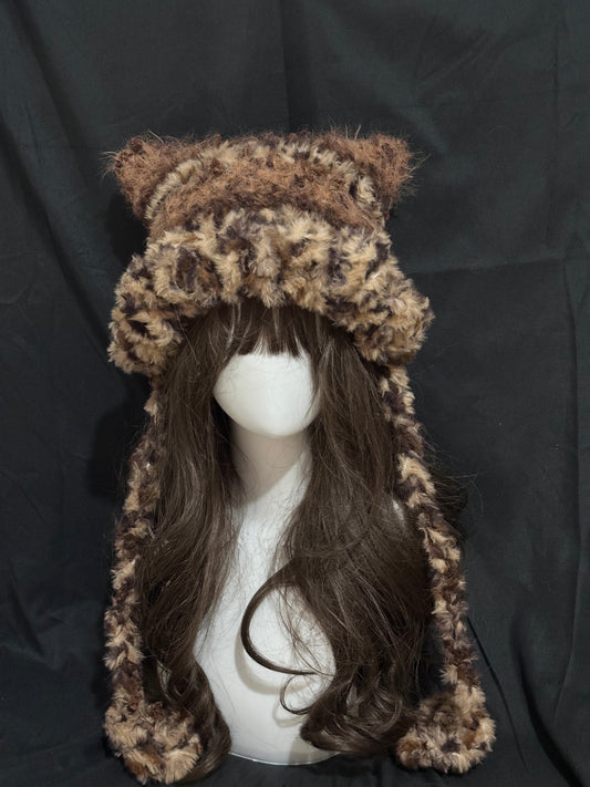 Bonnet en forme de tête de chat léopard caramel, bonnet mignon Kawaii, bonnet d'hiver fait main