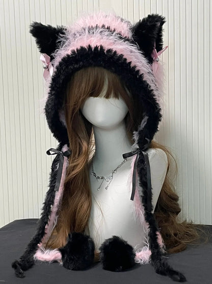 Schwarz-Pink Wolfsohren-Kapuze – Flauschige Häkelmütze mit Wolfsohren, Süße Kawaii Winter-Ohrenmütze