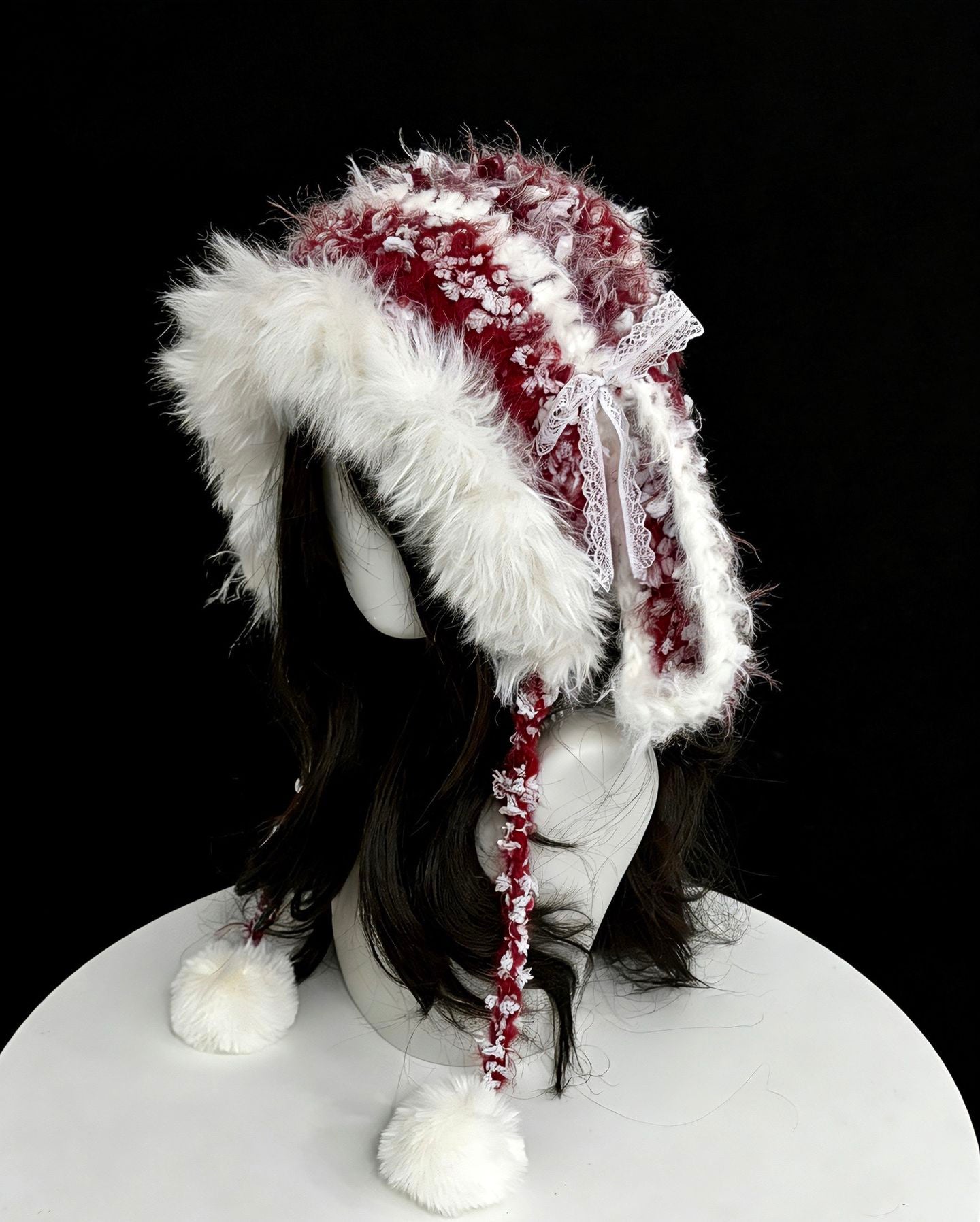 Red and White Bunny Ear Hood with Detachable Ears, Handmade Crochet Bunny Hat