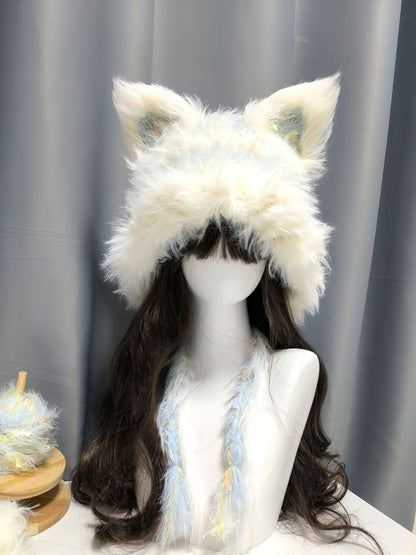 Blauer und weißer Fuchs-Kapuzenpullover mit abnehmbaren Ohren, gehäkelte Fuchsmütze, Kawaii Kapuzenmütze