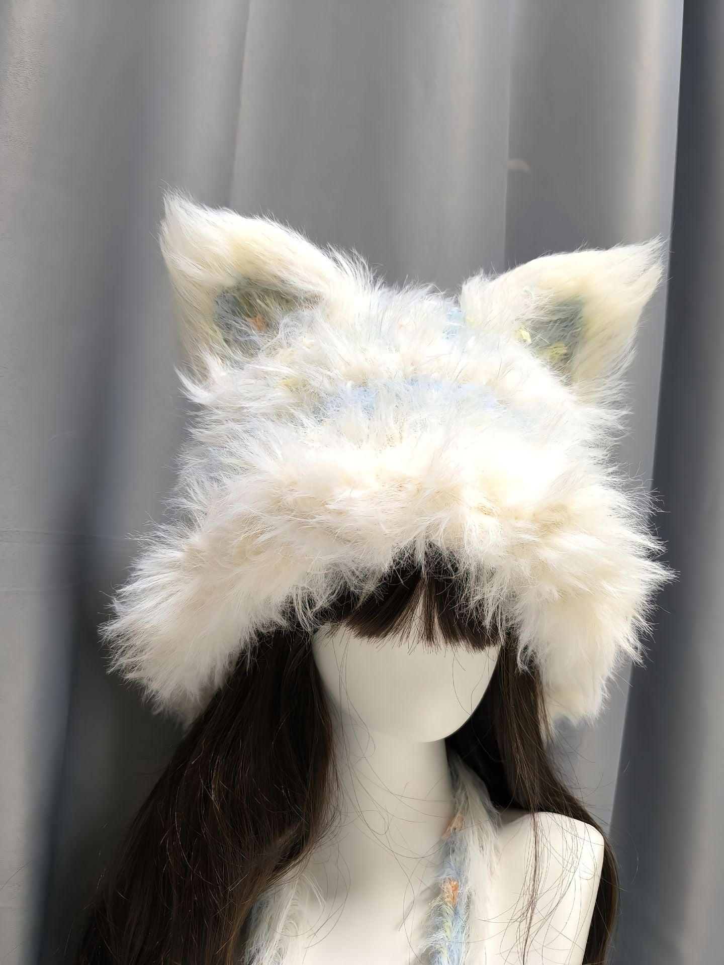 Blauer und weißer Fuchs-Kapuzenpullover mit abnehmbaren Ohren, gehäkelte Fuchsmütze, Kawaii Kapuzenmütze